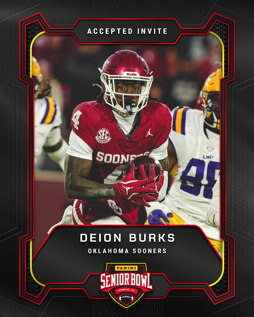 seniorbowl's tweet photo. Officially Accepted!

WR Deion Burks (@deionkburks) from @OU_Football is headed to the 2026 Panini Senior Bowl 🔥

#TheDraftStartsInMobile #WherePlayersPlay https://t.co/WlJ4gM54Ve