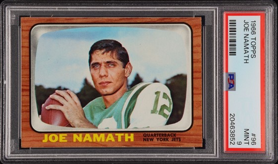 MINTStateInc's tweet image. This week’s #CardOfTheWeek is a 1966 Topps #JoeNamath graded PSA MINT 9. Condition-sensitive due to the wood grained borders, this is one of only 11 examples graded PSA 9 of “Broadway Joe’s” second year card. Visit MINTStateInc.com to add this card to your #collection!