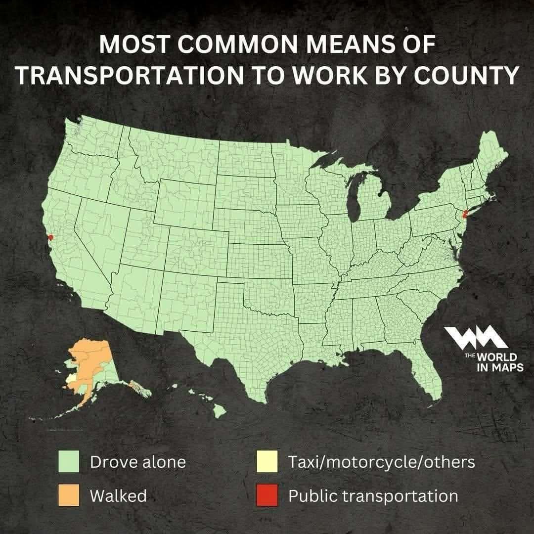 Mapsrandomly's tweet image. Most common means of of transportation to work by county