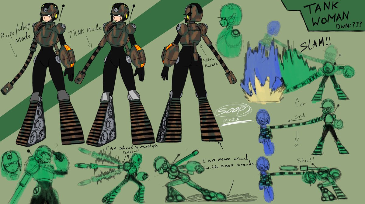 Robot master design: Tank woman

She was an experimental unit built for the military, having all the strength and durability of a tank but with none of the slow mobility. 

Designer/Pen name: Soop

#MegaManDO #DesignARobotMaster <a href="/MegaMan/">Mega Man</a>