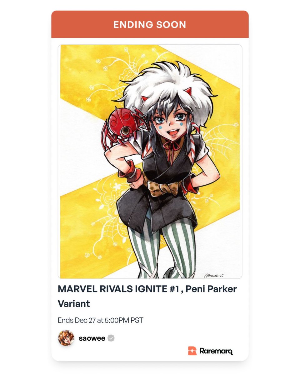 raremarq's tweet photo. Ending tomorrow, don’t miss your chance to bid on this stunning Marvel Rivals Ignite #1 variant cover featuring Peni Parker, illustrated by the incredible @_saowee!
https://t.co/OxMu1X14nY
#saowee #peniparker #spiderverse #marvel #marvelrivals #originalcoverart #comicart https://t.co/x3sJDU7mHQ