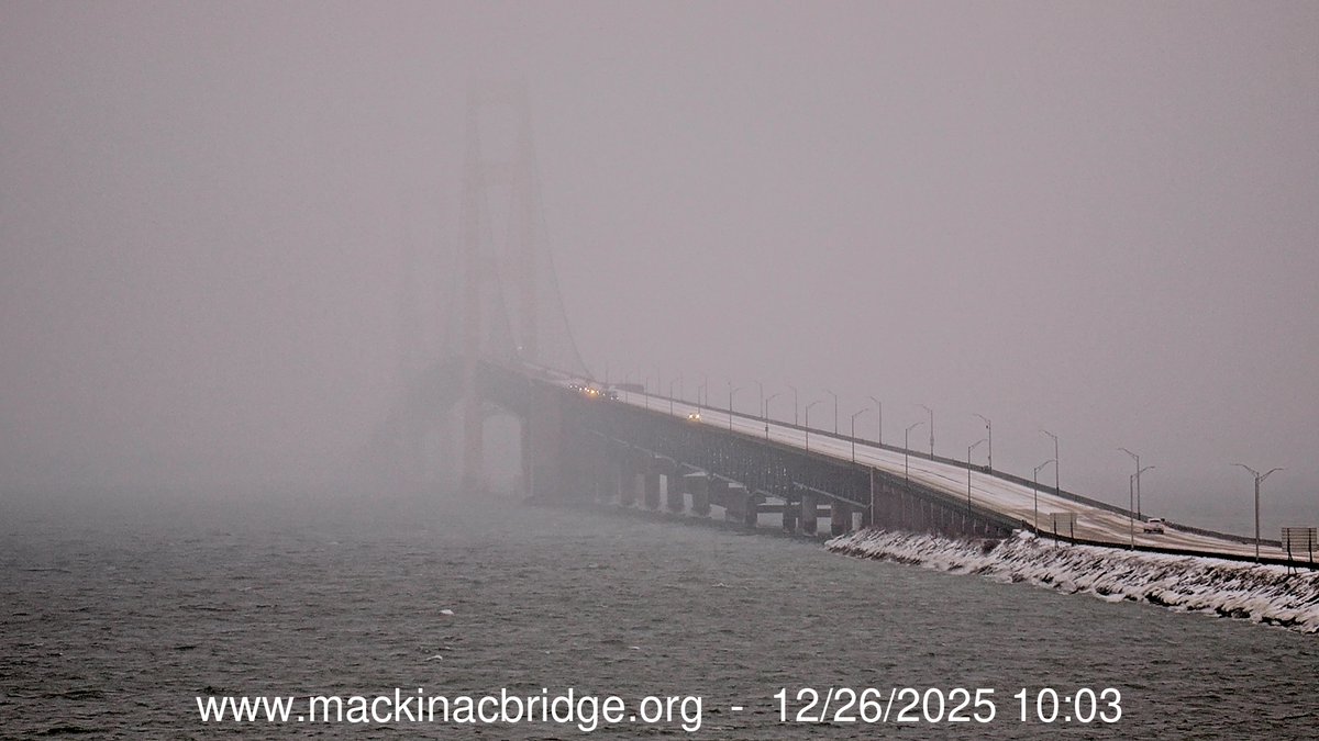 upnorthlive's tweet photo. The Mackinac Bridge Authority has issued a warning for drivers as icy conditions have been reported across the Straits of Mackinac on Friday, December 26.

MORE DETAILS: https://t.co/wnOa1ZESNg https://t.co/dscAkIyOg9