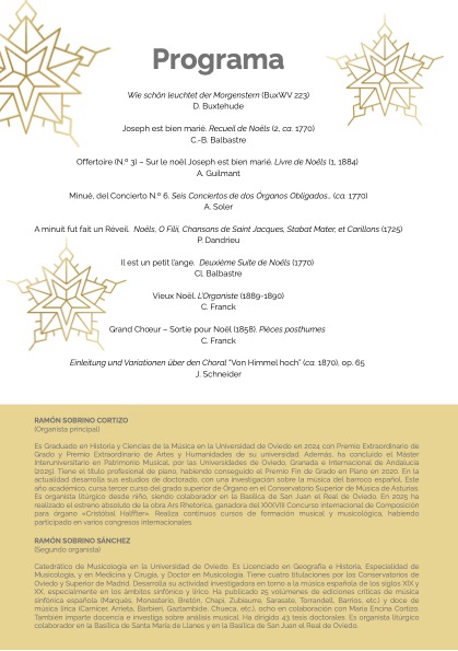 Hoy viernes 26-12-2025, 19 h., iglesia San Pedro, Soto del Barco, "Navidad a dos órganos".
«A media noche se hizo un nuevo día».
Organista principal <a href="/RSobrinoCortizo/">Ramón Sobrino Cortizo</a>, segundo organista <a href="/RamonSobrino1/">Ramon Sobrino</a> 
Obras de #Buxtehude #Balbastre #Guilmant #Soler #Dandrieu #Franck #Schneider