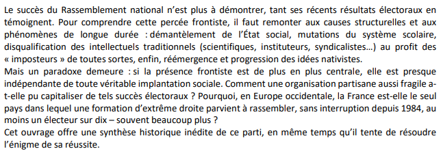 1/4. En janvier, aux <a href="/editions_PUF/">PUF</a> 
Patrick Lehingue et Bernard Pudal, Du FN au RN, les raisons d’un succès.
En librairie le  13 janvier.