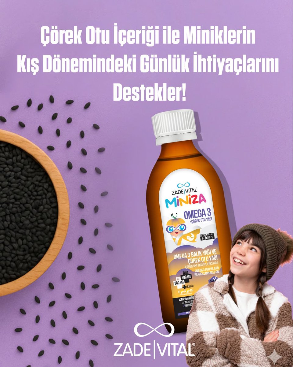 ZadeVital's tweet photo. Zade Vital Miniza, Omega 3 Balık Yağı ile birlikte özel çörek otu yağı içeriği sayesinde miniklerin kış dönemindeki günlük ihtiyaçlarını destekler.❄🩷

*Gıda ve Takviye Edici Gıdalarda Sağlık Beyanı Kullanımı Hakkında Yönetmelik (20/04/2023 /32169)

#ZadeVital #Miniz https://t.co/FHJ8tpWbex