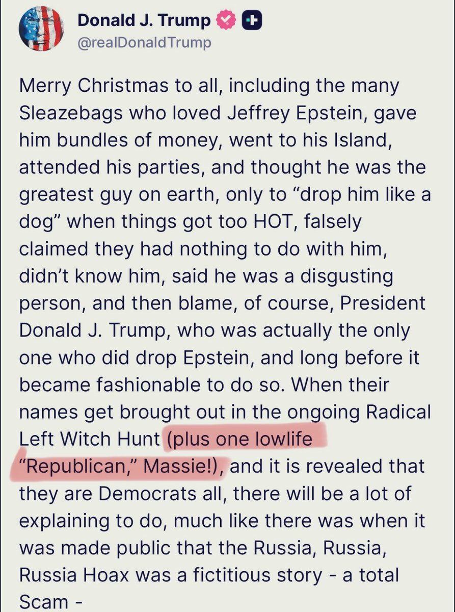 MassieforKY's tweet image. Imagine celebrating a blessed Christmas with your family… suddenly phones alert everyone to the most powerful man in the world attacking you… for fulfilling his campaign promise to help victims!

"plus one lowlife Republican, Massie”

Please support me: secure.thomasmassie.com/donate