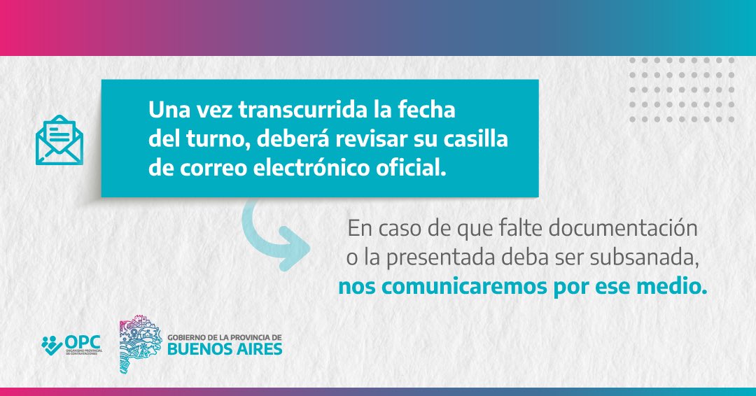 ContratacionPBA's tweet photo. 📣 Información importante acerca del Registro de Proveedores

El Registro Único de Proveedores y Licitadores de la @BAProvincia trabaja con un sistema de turnos. 

➡️ A continuación le brindamos detalles acerca de este sistema https://t.co/Hx6iw185Y3