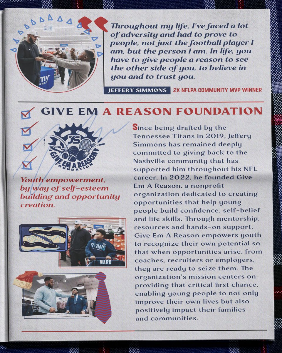 NFLPA's tweet image. For a second time, Jeffery Simmons is a #CommunityMVP after hosting multiple charitable events in a seven-day span.

The @Titans defensive tackle partnered with Big Brothers Big Sisters of Middle Tennessee to outfit four college-bound high school seniors with custom suits in…