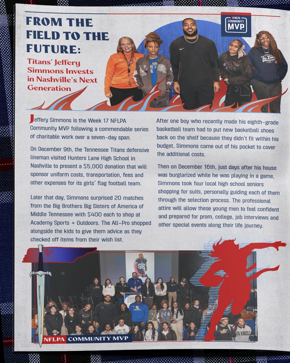 NFLPA's tweet image. For a second time, Jeffery Simmons is a #CommunityMVP after hosting multiple charitable events in a seven-day span.

The @Titans defensive tackle partnered with Big Brothers Big Sisters of Middle Tennessee to outfit four college-bound high school seniors with custom suits in…