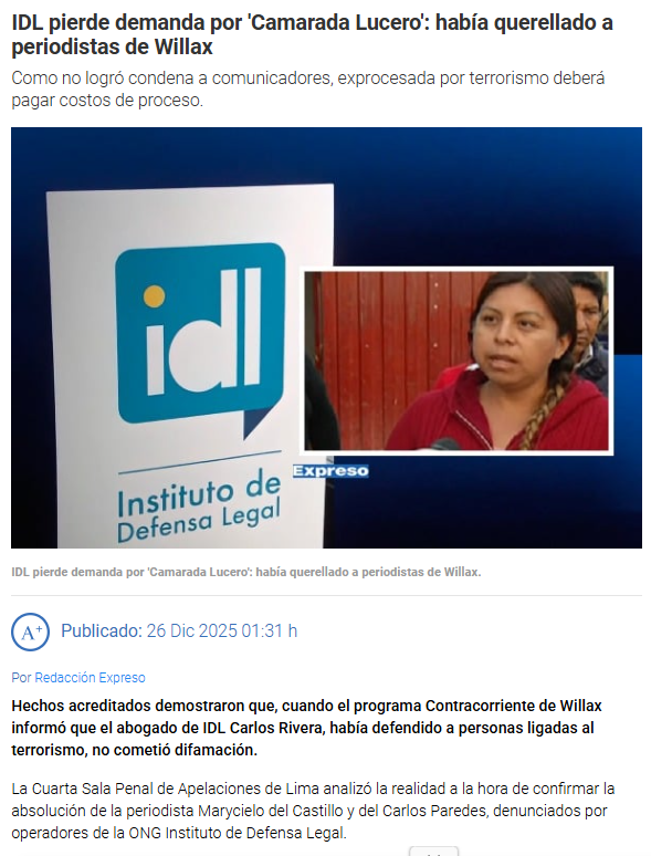 IDL DEFIENDE TERRORISTAS... Y PIERDE !!! 
Carlos Rivera Paz no dice nada... calladito...
<a href="/IDL_Rivera/">Carlos Rivera Paz</a> <a href="/Ideele/">IDL</a>