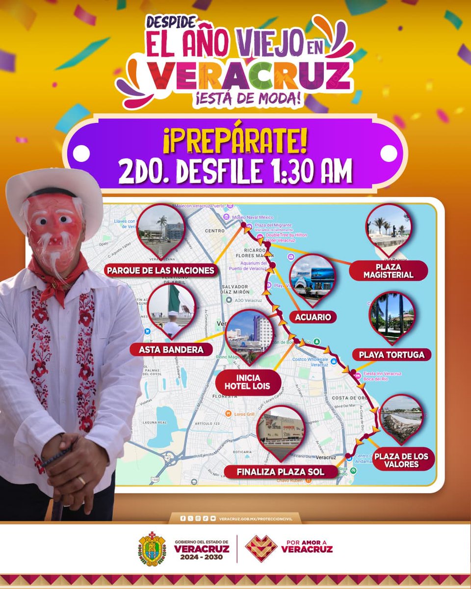 ¿Listos para el 2do. Desfile de El Año Viejo? 👴🎉

Te esperamos el 1 de enero a la 1:30 a.m., para iniciar el 2️⃣0️⃣2️⃣6️⃣ con la mejor fiesta.

​Checa el mapa aquí 👇 y planea tu lugar para disfrutarlo al máximo 🌴.
#VeracruzEstáDeModa