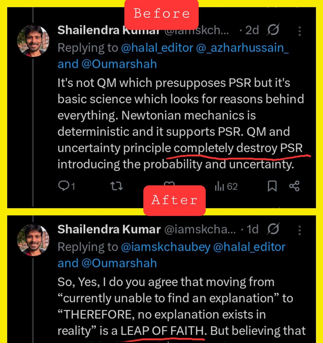 <a href="/iamskchaubey/">Shailendra</a> Now you are committing an Ad hominem.

🟡 Initially, you claimed that QM probability proves PSR wrong, and you provided a paper.

●Then, after I corrected you, you conceded that anyone who claims QM probability is brute is taking a LEAP of FAITH including the position taken in