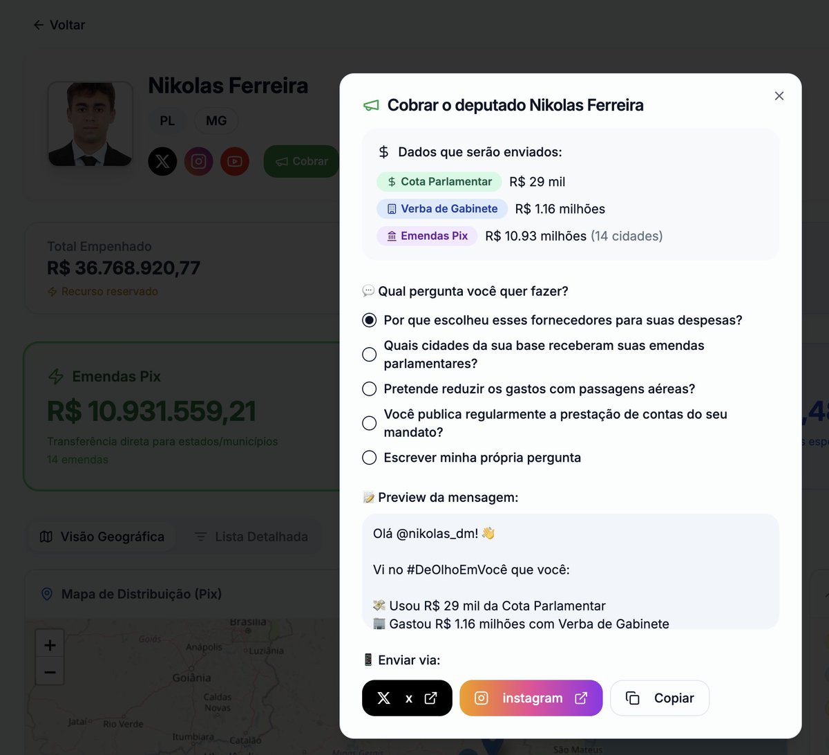 deolhoemvoce05's tweet image. A moda é cobrar!!!
Não fique no discurso, cobre os seus deputados com dados.
Lançamos uma nova funcionalidade para você cobrar o deputado que tiver rede social.
Na página de cada deputado, tem um botão chamado "Cobrar".
Clique nele e verá a mágica acontecer. Até as perguntas nós…