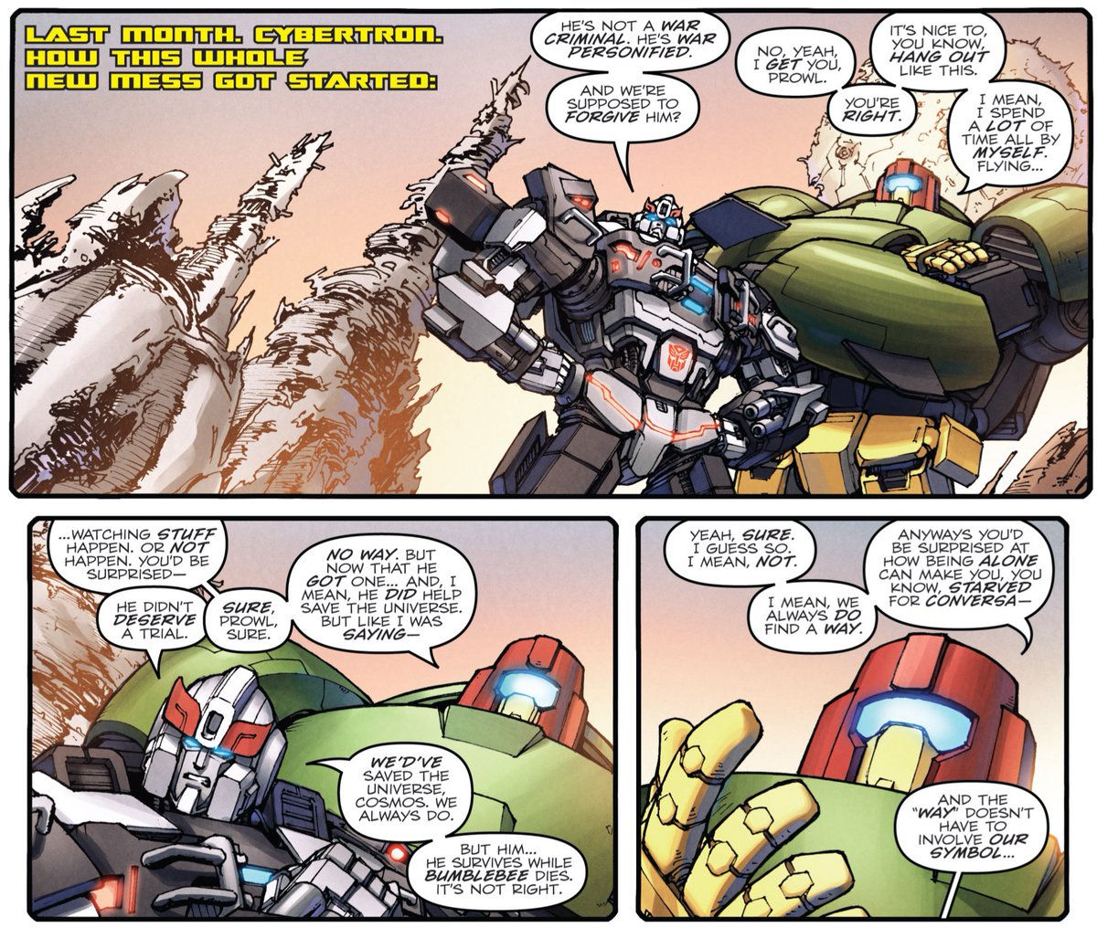 IDW1 메가트론 옵티머스 화해하고 메가트론 오토봇 된거 보면서 분노하는 프라울은 언제봐도 웃김 옵티머스한테도 화냈다가 죄없는  컨스들에게도 화냈다가 이젠 메옵 다정하게 대화하는거 보면서 코스모스 말도 무시하고 지 혼자 이게 얼마나 열받는지 주절주절 떠드는거