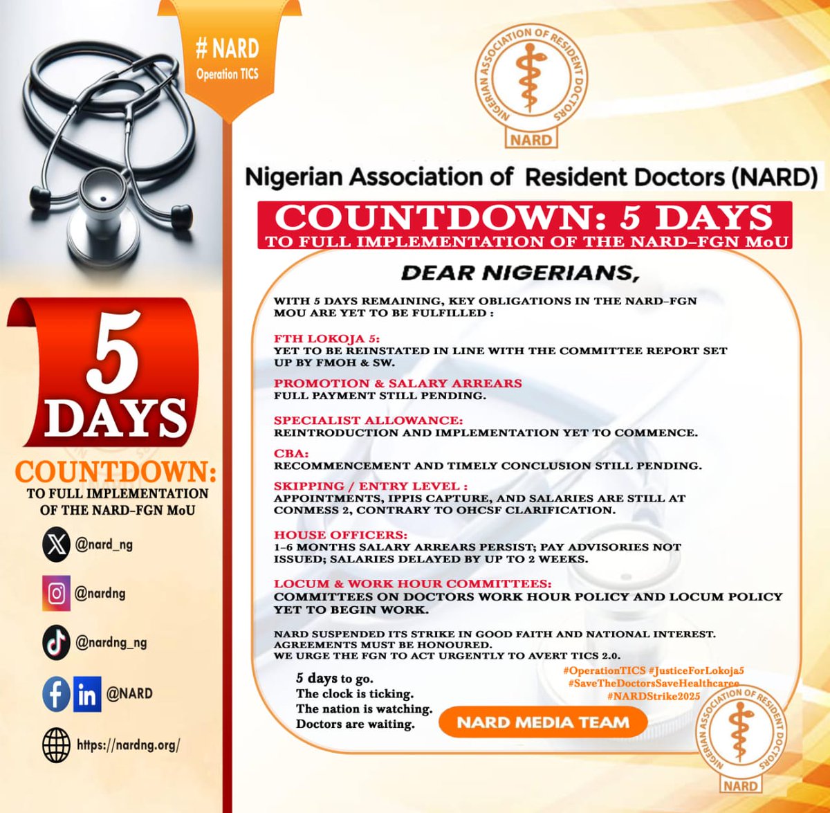 nard_nigeria's tweet image. *COUNTDOWN: 5 DAYS TO FULL IMPLEMENTATION OF THE NARD–FGN MoU*

DEAR NIGERIANS,

*With 5 days remaining, key obligations in the NARD–FGN MoU are yet to be fulfilled:*

• *FTH Lokoja 5:* Yet to be reinstated in line with the committee report set up by FMoH &amp;amp; SW.

• *Promotion &amp;amp;…
