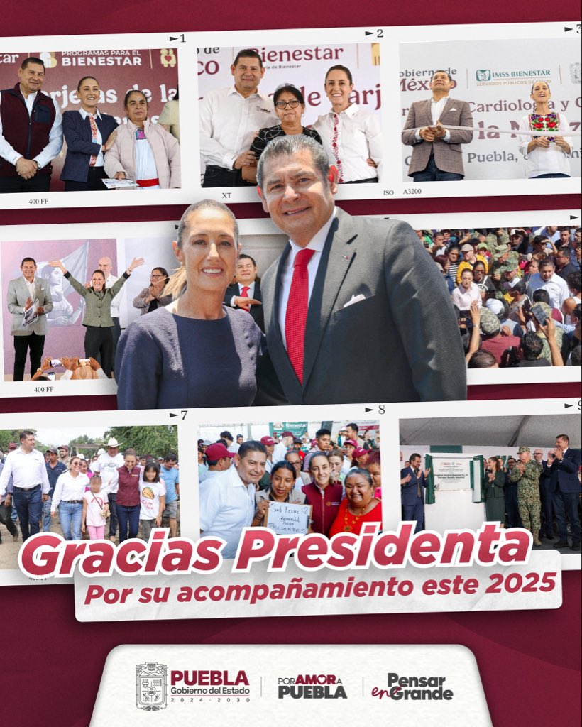 Gracias a nuestra primera mujer presidenta, la Dra. <a href="/Claudiashein/">Claudia Sheinbaum Pardo</a>, por sus visitas a Puebla durante este 2025 y su firme respaldo para llevar #Bienestar 🫶🏼 a las y los poblanos. 🤝🏼🇲🇽✨
