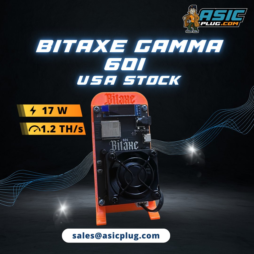 asicplug_'s tweet photo. The Bitaxe Gamma 601 mines the SHA-256 algorithm with 1.2 TH/s | 17W of power, making it an efficient and compact option for home Bitcoin mining. Units are available and ready for same-day shipping while supplies last. Explore the full specifications here:https://t.co/t8jvTcRJGY https://t.co/3YqDRtSzor