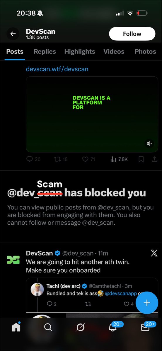 Iamthetachi's tweet image. Only post I’ll make about it.

@dev_scan is a larp by someone who couldn’t run a piss up in a brewery.

Sold 70% of their supply before bond.

Failed an IPO by 2/3rds

Tek doesn’t work and it full of fake data.

@devscanapp is on top. Send that shit to 0