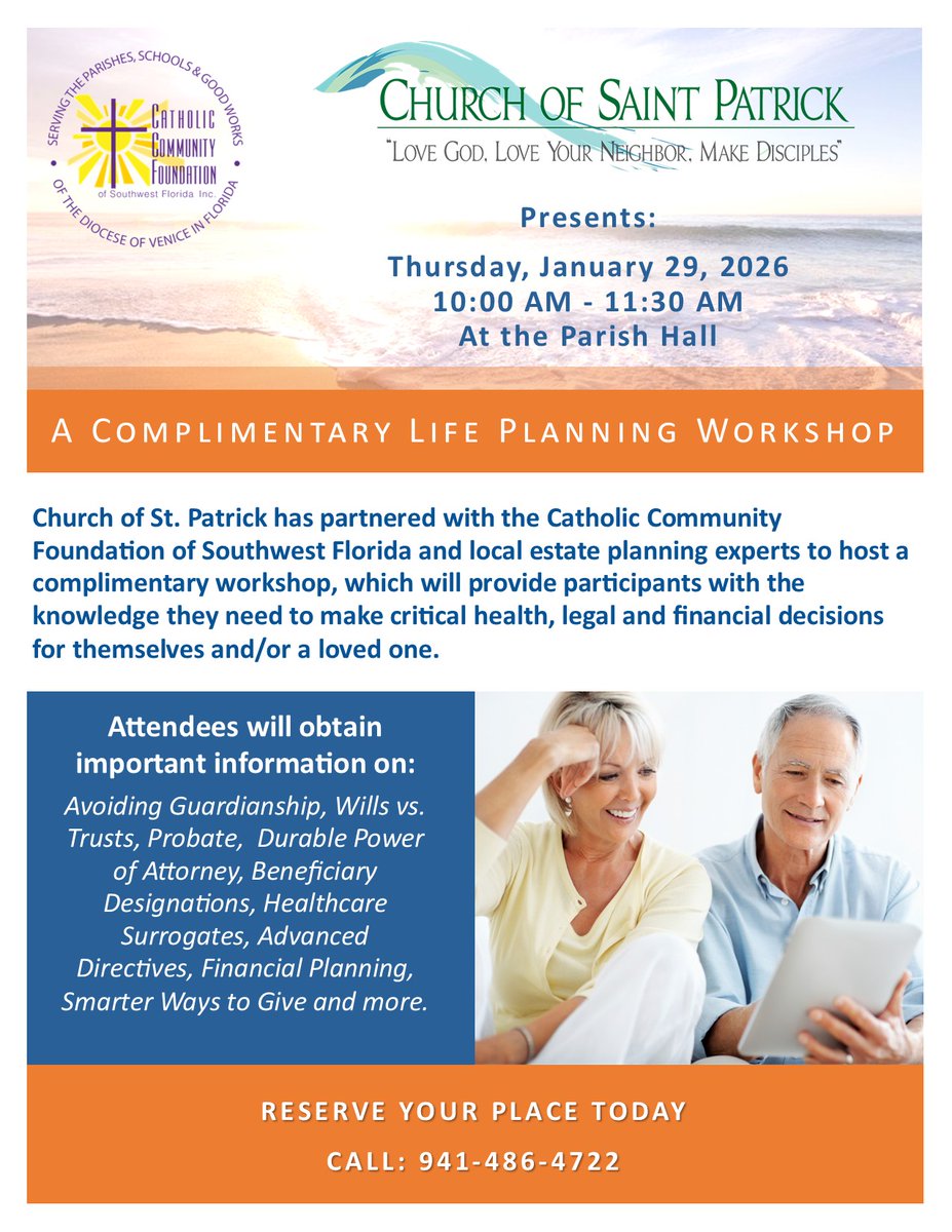 We are excited to share that we are partnering with Church of St. Patrick to host a Life Planning Seminar on January 29, starting at 10:00 AM in their Parish Hall.

If you have any questions or would like to RSVP, please call (941)486-4722.