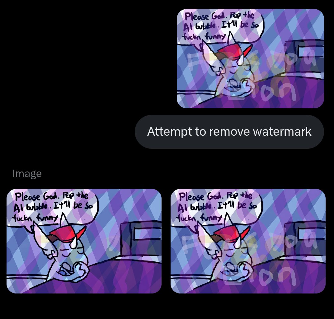 Solution to the AI problem, add more watermarks. Also, yeah, I don't really post in this garbage site anymore. I don't care if I lose followers, I'd rather be authentic.

Follow me on bsky instead if you haven't.