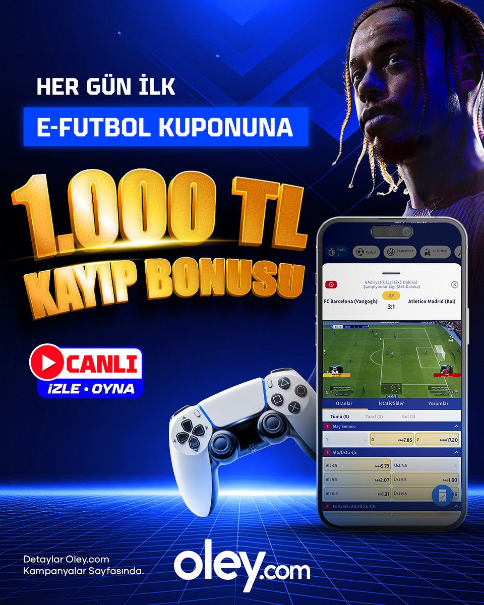 oleycom's tweet image. Her Gün E-Futbol’da İlk Kuponuna 1.000 TL Kayıp Bonusu Oley.com’da! Maçları Canlı İzle, Canlı Oyna E-Futbol Heyecanına Ortak Ol!