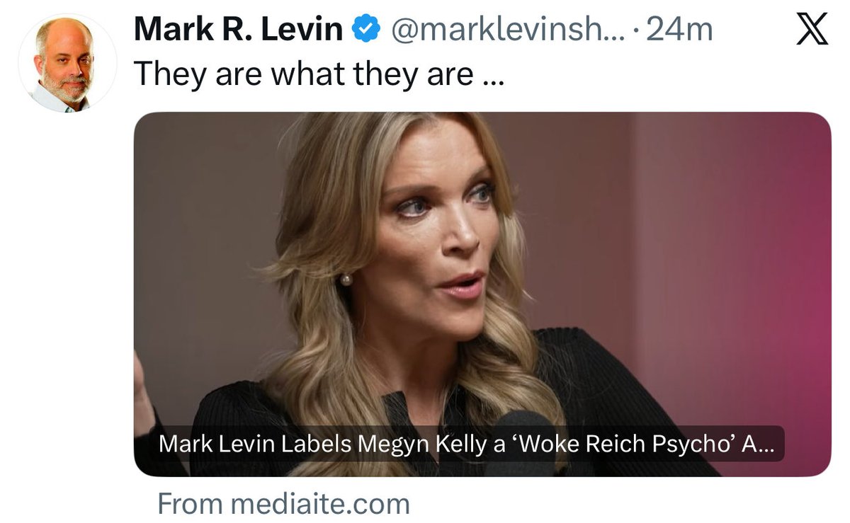 GenXGirl1994's tweet image. Mark Levin calls Megyn Kelly a “Woke Reich Psycho”

How much more humiliation will Megyn Kelly endure before she says fuck off to the Israeli crowd?

My bet is an endless amount. These shills have no self respect.