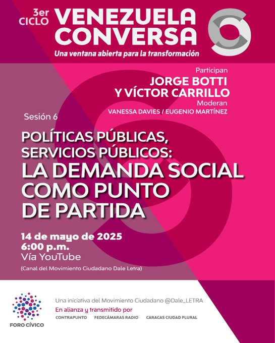 ForoCivicoVzla's tweet photo. #RecuentoAnualFC En la sesión 6 de #VenezuelaConversa nos acompañaron Jorge Botti @jbotti1 y Víctor Carrillo @VictorGCarrillo. Hablamos de temas clave para la reconstrucción: Políticas Públicas y Servicios Públicos, la demanda social como punto de partida. https://t.co/Vz9U6AOdpM https://t.co/yu2SCYTHOJ