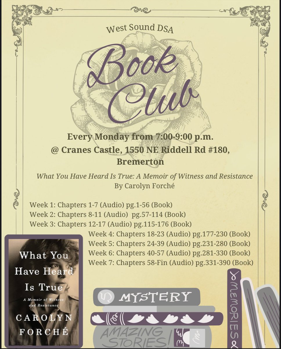 📚🌹Join us Dec. 29th for our weekly reading group, located at Crane's Castle Brewing at 7PM!🌹📚

This week we'll be discussing "What You Have Heard Is True" by Carolyn Forche pg. 1-56

Find the readings and RSVP here: 
actionnetwork.org/events/wsdsa-r…