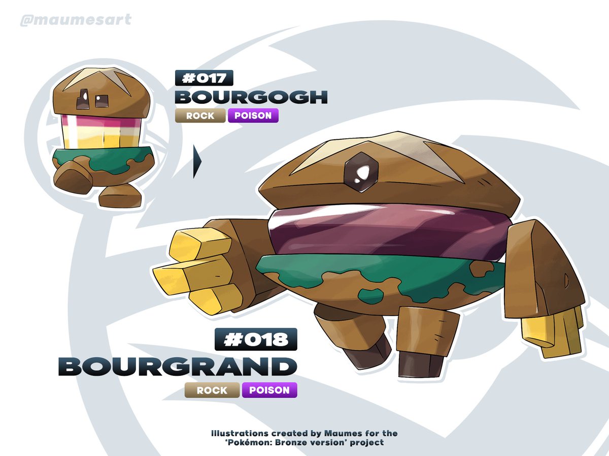 Last #FakemonFriday of the year! Meet Bourgogh and Bourgrand, the last addition to the early Pokémon section of the Sanko Region. They both got a new ability Heatburn* and draws inspirations from burgers, poisonous gems and the sourdough. 🌉
#sankoregion #pokemon #fakemon
