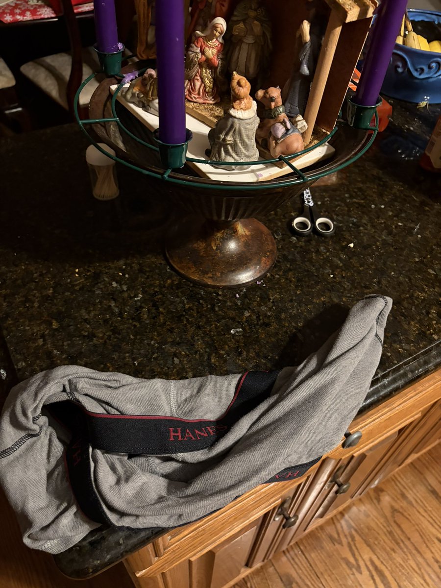 You know your sons are home from college when you come down stairs to find boxer briefs under the nativity.