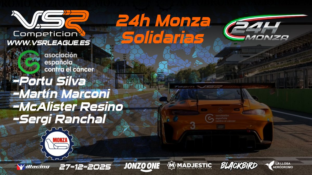 Mañana da comienzo una de las resistencias mas esperadas por los equipos. 
<a href="/24hMonza/">24h Solidarias</a> 
Una resistencia por una causa solidaria. 
Nuestro equipo en representación de <a href="/ContraCancerEs/">Asociación Española Contra el Cáncer</a> 
Únete y participa en la donación desde casa viendo la carrera.
🖥️16:00 twitch.tv/24hmonza