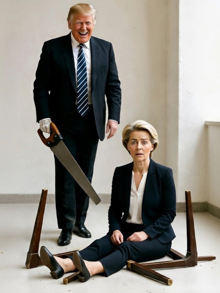 RobertMacniel's tweet image. Trump zaagt de poten onder Ursula vandaan.