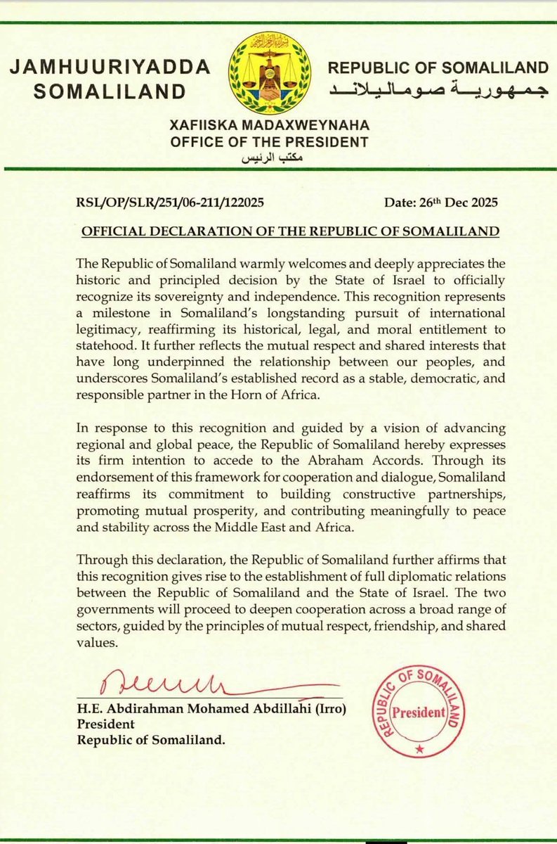 IdirisKhubaro's tweet photo. Official Declaration of the Republic of Somaliland on welcoming recognition of State of Israel to Republic of Somaliland.

This is historic milestone of Somaliland's people.

#TheRepublicofSomaliland
##The55thStateofAfrica https://t.co/vMCRvUUCvz
