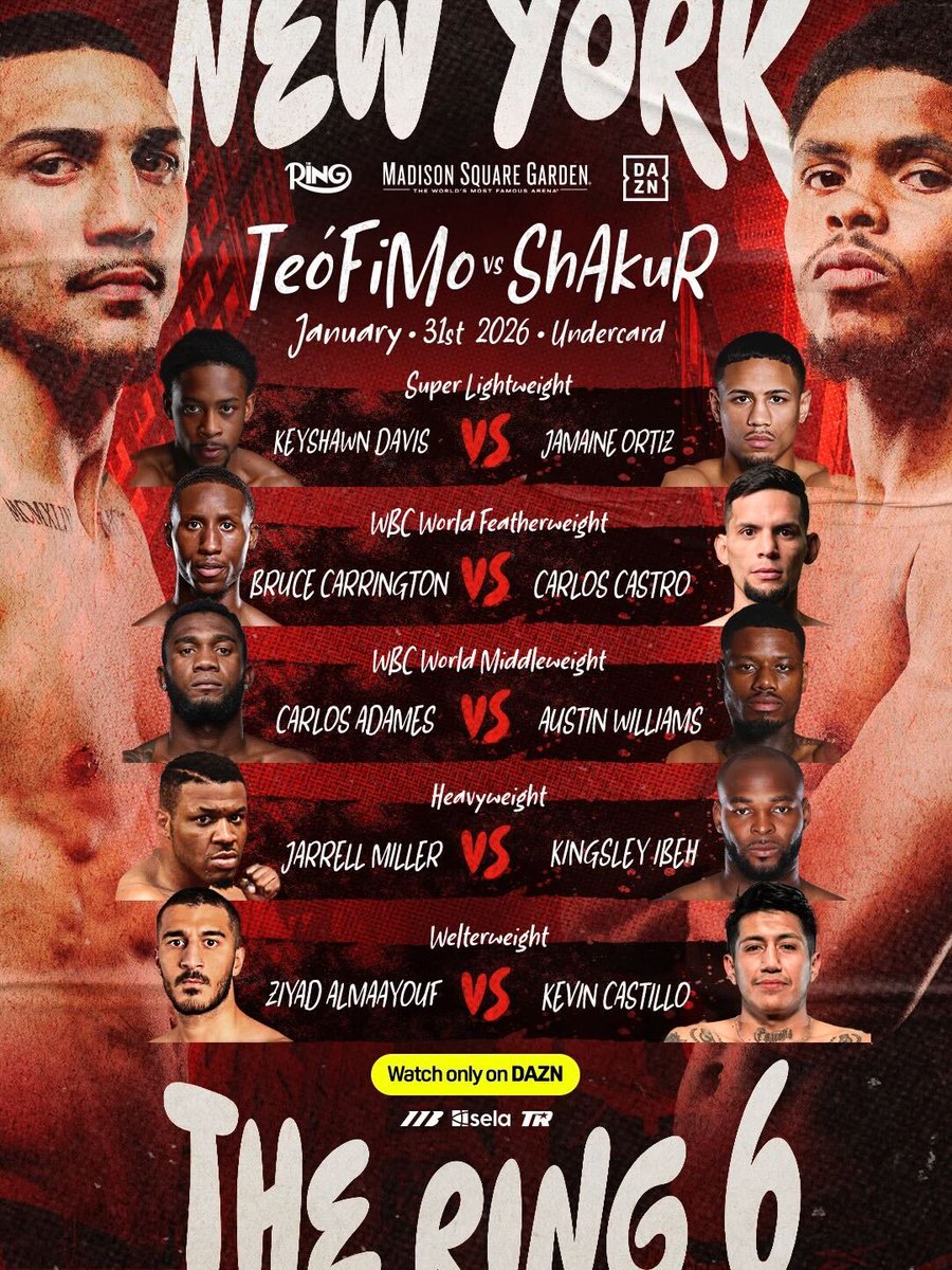 ringmagazine's tweet image. ‼️ Teofimo Lopez vs Shakur Stevenson undercard has been confirmed:

🥊 Keyshawn Davis vs Jamaine Ortiz
🥊 Bruce Carrington vs Carlos Castro
🥊 Carlos Adames vs Austin Williams
🥊 Jarrell Miller vs Kingsley Ibeh
🥊 Ziyad Almaayouf vs Kevin Castillo

🎟️ Get your Teofimo vs Shakur…