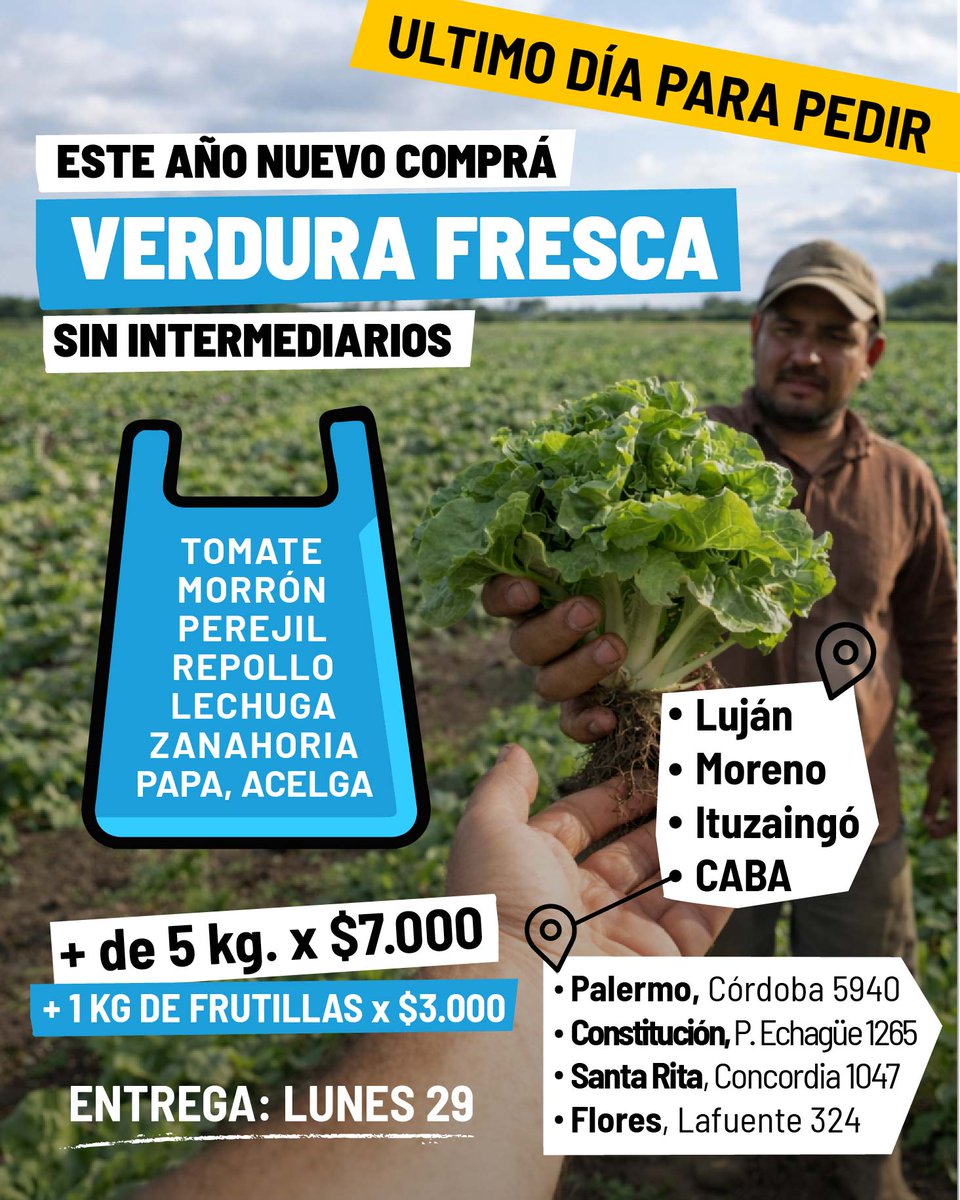 ¡Solo por hoy! reservá tu bolsón de año nuevo: forms.gle/a7Kh7spb3zN6Yh…
Ayudás a las familias de la agricultura familiar organizada después de un año durísimo👇