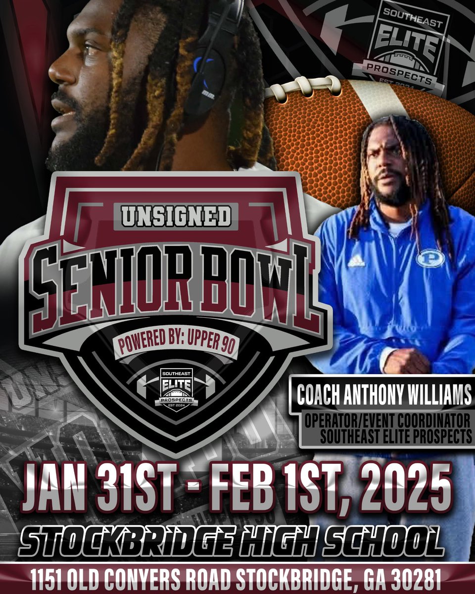 SoutheastElite_'s tweet image. 🚨 THE 2026 SOUTHEAST ELITE PROSPECTS UNSIGNED SENIOR BOWL — Powered by Upper 90! 🚨
Jan 31‑Feb 1 @ Stockbridge HS 🏈 Limited spots. Players, coaches, scouts — get ready to SEE THE BEST!
Sponsors — join the movement! 🔥💥
