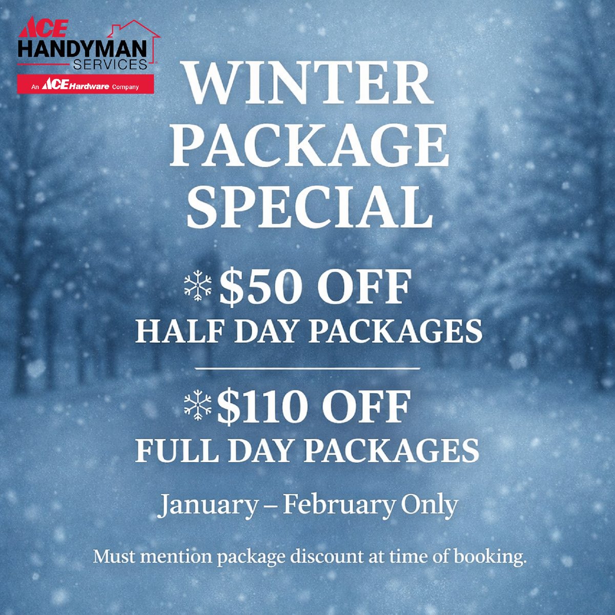 terrealbert's tweet image. ❄️ WINTER PACKAGE SPECIAL ❄️

Cold weather = the perfect time to knock out those indoor projects you’ve been putting off.

💰 $50 OFF Half-Day Packages
💰 $110 OFF Full-Day Packages

🗓 January–February ONLY

From repairs and refreshes to punch-list projects, our craftsmen...