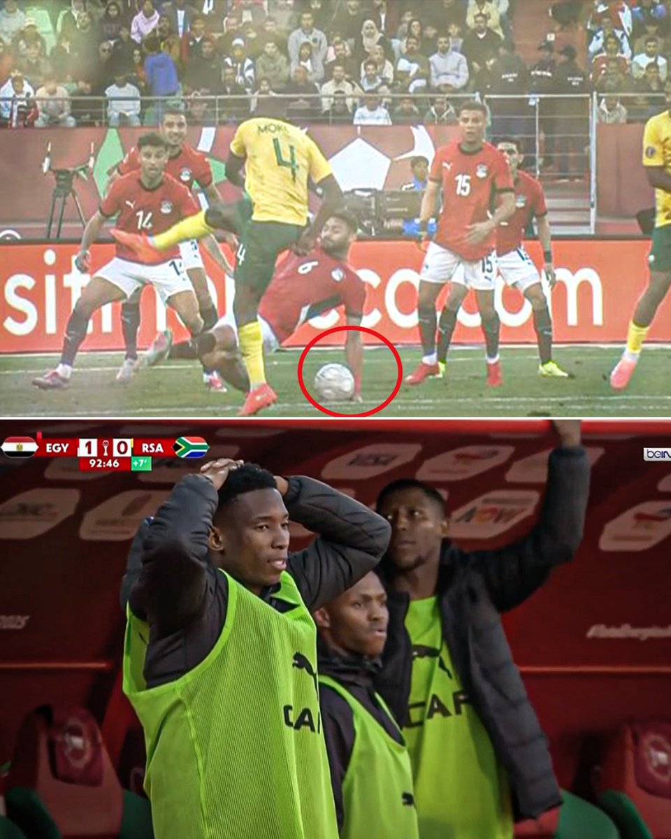 ESPNFC's tweet image. South African players were left in disbelief after not being awarded a penalty in stoppage time for a potential handball by Egypt inside the box 👀