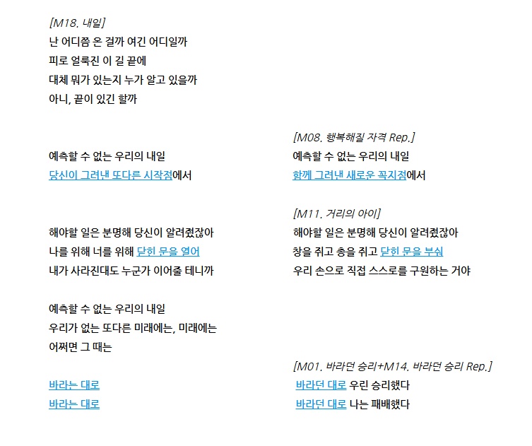 lazyladypeach's tweet image. 프라테 마지막 넘버 '내일'의 구성이 기가 막힘
넘버 1, 8, 11번의 멜로디를 활용하면서
가사는 변주해 극의 메시지를 압축함

서로 다른 두 개의 선이 만나 그려낸 꼭지점은
끝이 아닌 또다른 시작점이 되고
닫힌 문은 부수는 게 아니라 여는 것이고
희망은 과거형이 아니라 현재진행형이 될, '내일'