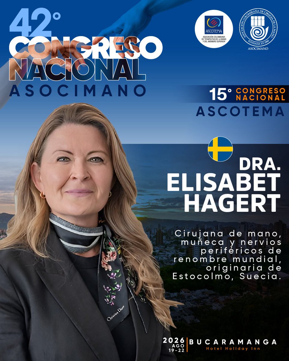 Nos honra anunciar la participación de la Dra. Elisabet Hagert, cirujana de mano, muñeca y nervios periféricos de reconocimiento mundial, originaria de Estocolmo, Suecia 🇸🇪

Su experiencia y trayectoria internacional harán parte del 42° Congreso Nacional ASOCIMANO