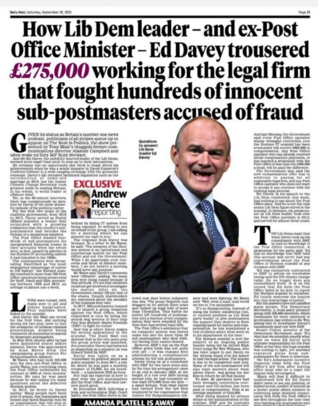 ReformNESH's tweet image. He not only did nothing to help the postmasters; but he profited from their misery.  How can anyone even consider voting for the #LibDems while this shameful nasty piece of work remains in charge of their party?