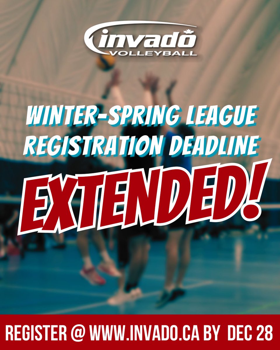 InvadoVB's tweet image. YOU ASKED, WE LISTENED!  Alright, so it was a bad idea for a Christmas Day deadline…we get it!  But we’ve extended your chance to make the next 15 WEEKS of your life filled with volleyball BLISS!  Sign up on your own, with a friend, or as a team @ invado.ca by DEC…