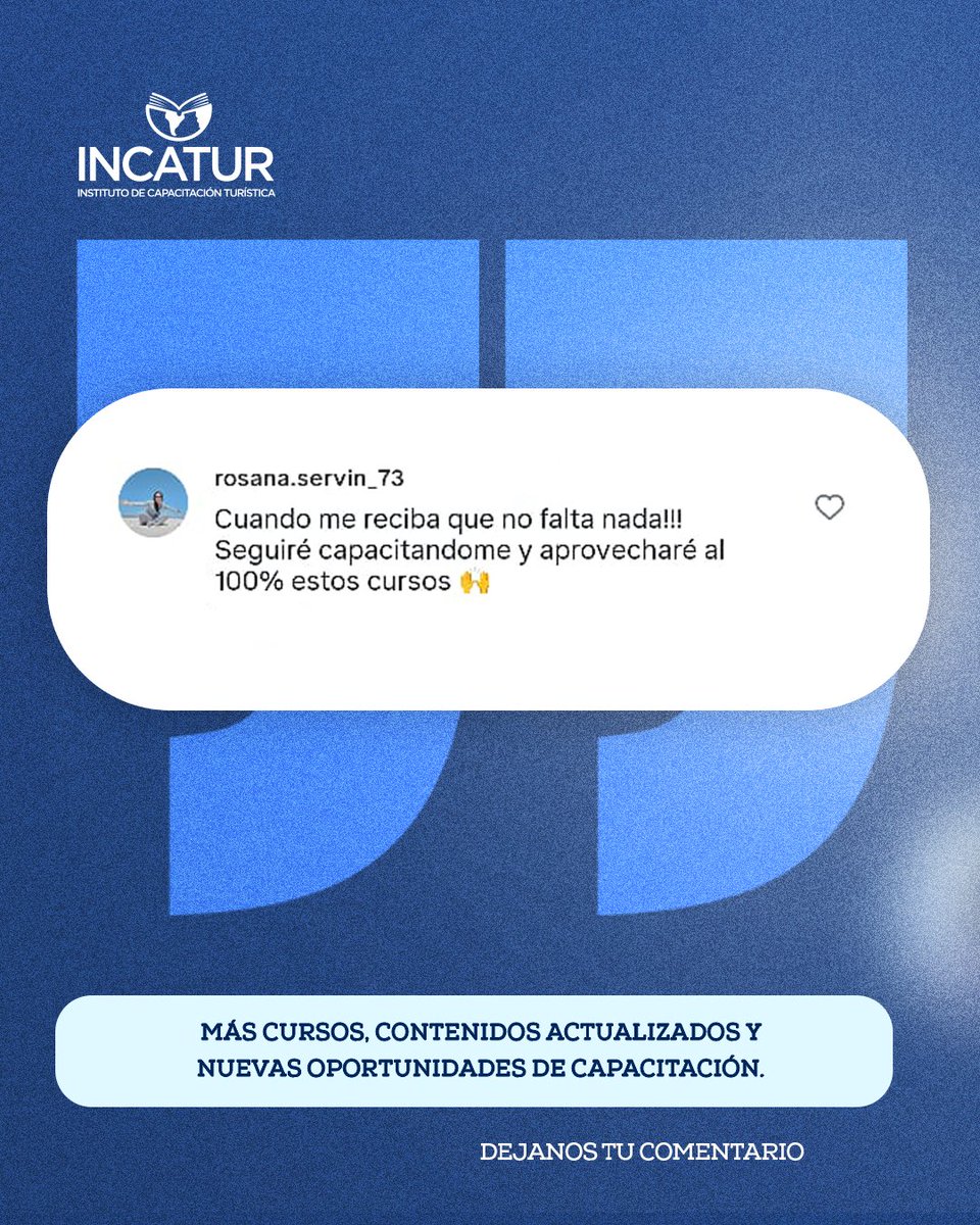 Nos encanta leerlos y acompañarlos en su camino de formación.

IMPORTANTE

📌 Hoy cierra la inscripción a los cursos de enero.

No te quedes afuera! sumate en incatur.org.ar
