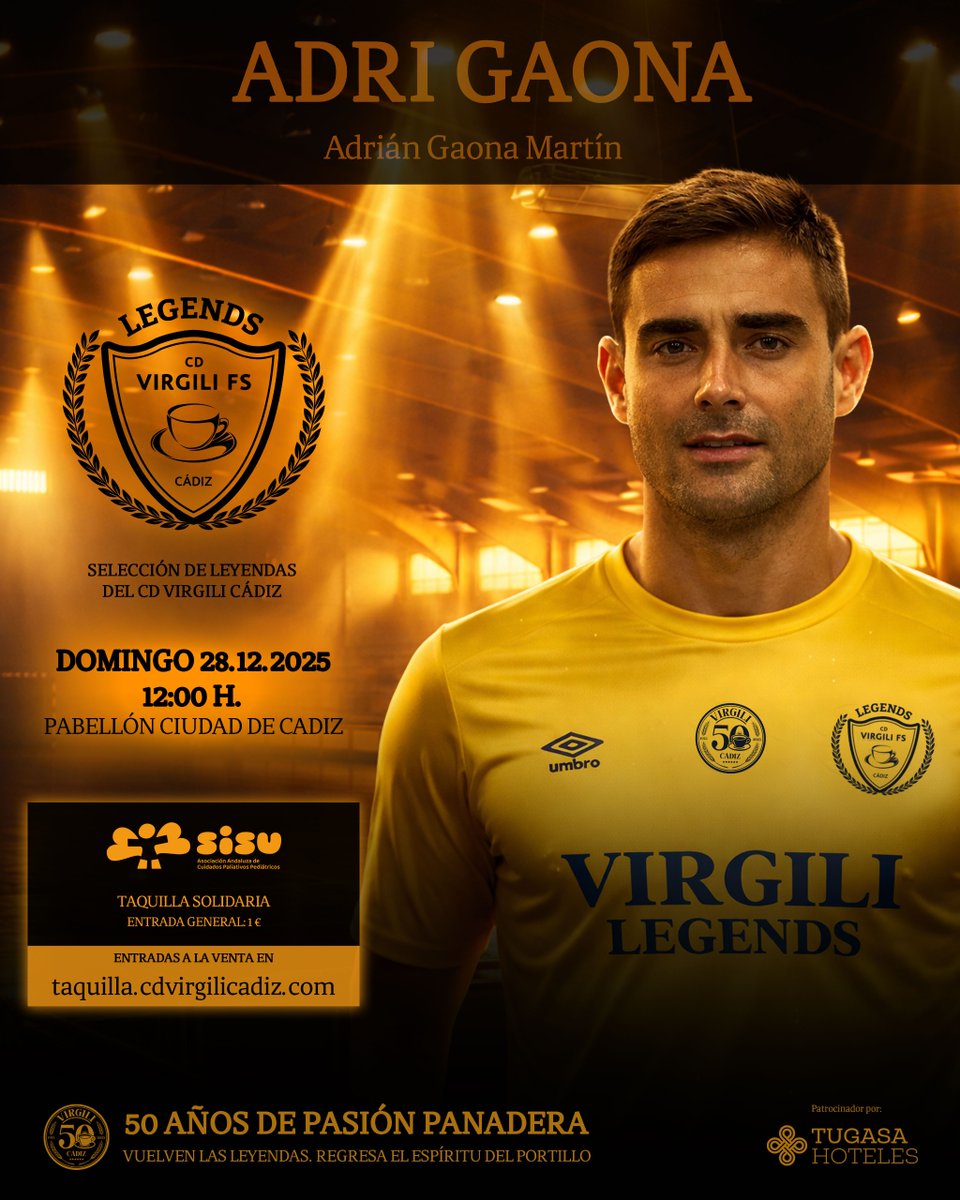 CDVirgiliCadiz's tweet photo. Elegancia en cada toque. Clase para jugar, espectáculo para levantar al pabellón.

El dandy del futsal, que marcó generaciones hasta hace bien poco.

Adri Gaona vuelve como leyenda al #VirgiliLegends 💛💙

🗓️Dom. 28/12
🕛12:00 h
🏟️Pab. Ciudad de Cádiz
🎟️https://t.co/GtbEfUqKqs https://t.co/rg9j8C4RTv