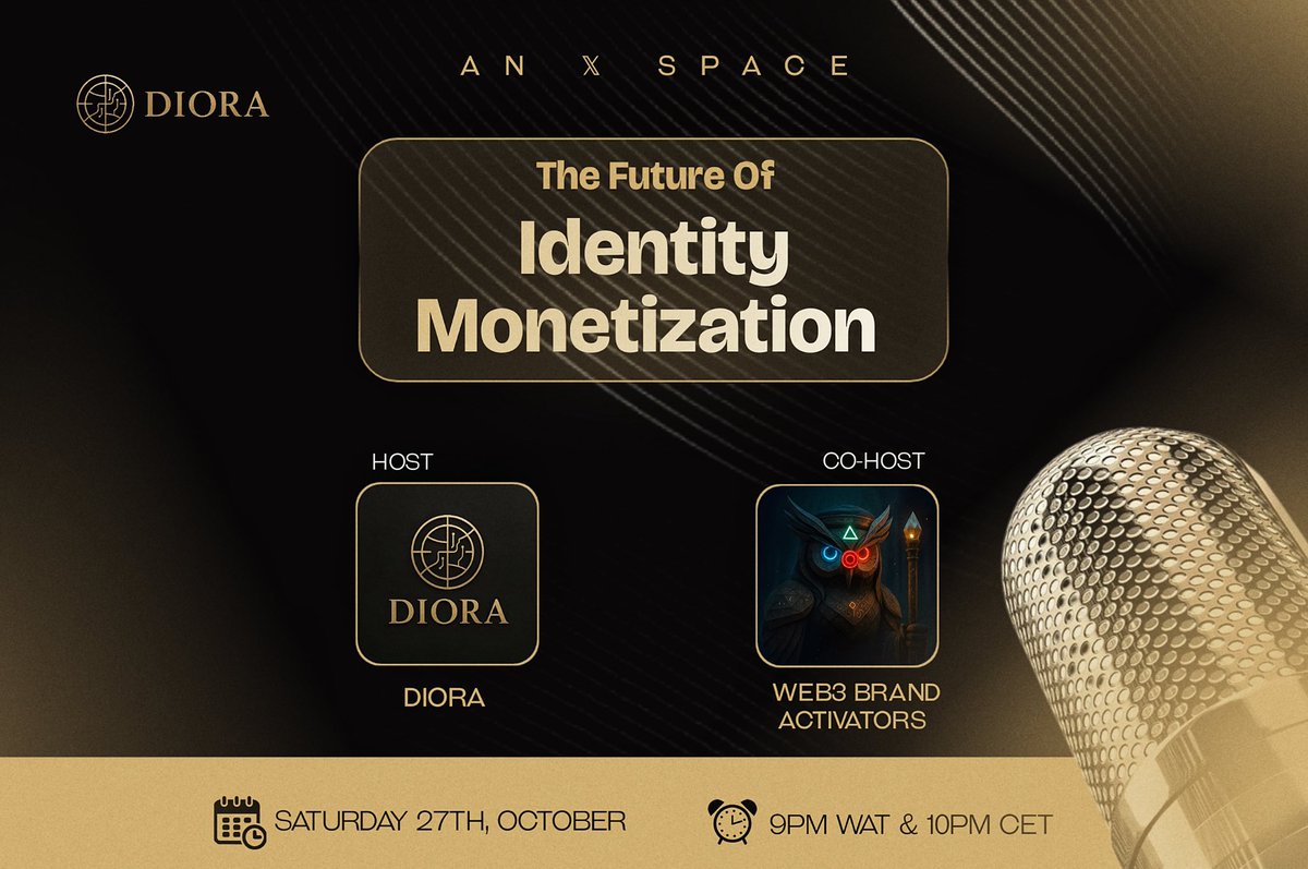 DIORA_social's tweet photo. We talk a lot about the future of Web3,
but one of the biggest shifts is happening quietly: our identity is becoming something we can actually own and earn from

This Saturday, DIORA is hosting an 𝕏 Space where we’ll unpack what that really means

The Future of Identity Monetization

We’ll explore how digital identity is evolving, why it matters, and how it’s shaping the next generation of online value with real insights, real conversations, and real people building it.

Saturday, 27th October
9PM WAT | 10PM CET
🎙 Co-hosted by @web3brandrep 

If you care about where Web3 is going, you don’t want to miss this

See you there 😉