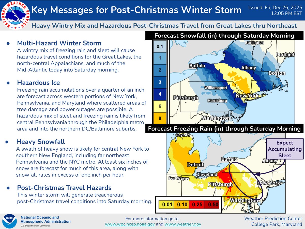 Impacts from this winter storm are being felt now and conditions will continue to deteriorate across portions of the Northeast and Mid-Atlantic this afternoon and into tonight. Please visit weather.gov for the latest on your local forecast.