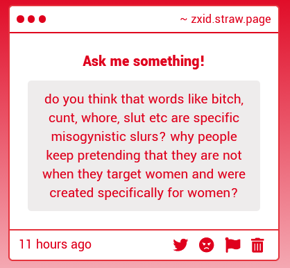 zxidtxt's tweet image. They're slurs.

Misogyny is normalized in an specific way that these things are seen as normal, so even when they understand why x can't say y, we don't judge c!s men saying it because how wired this was in out brain that this is acceptable.