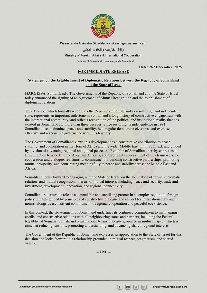PRESS RELEASE

Statement on the Establishment of Diplomatic Relations between the Republic of Somaliland and the State of Israel