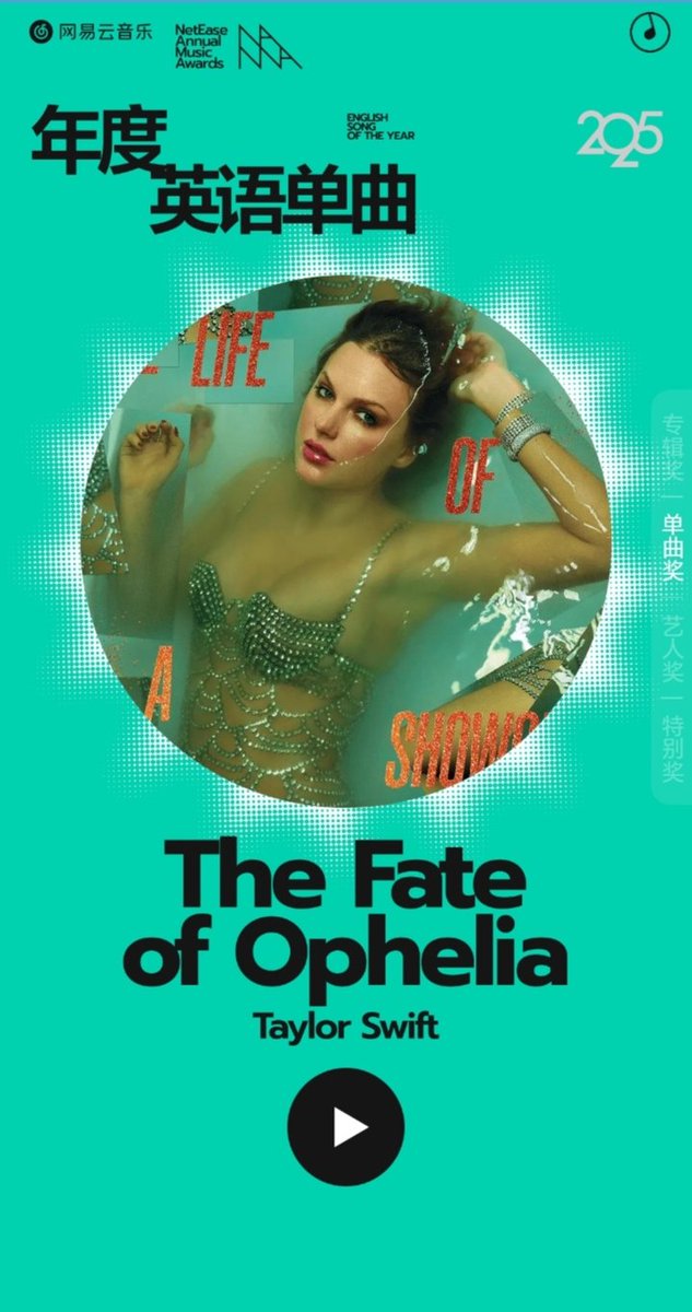 🏆| @TaylorSwift13 ha ganado 3 premios en los NetEase Cloud Annual Music Awards 2025. 🇨🇳

• Musical Moment of the Year — The Life of a Showgirl 
• English Album of the Year — The Life of a Showgirl 
• English Single of the Year — The Fate of Ophelia