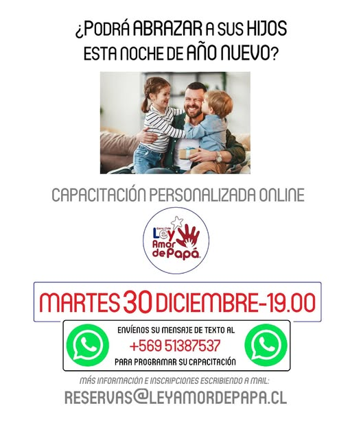 AmordePapa's tweet photo. EL TIEMPO PASA. ¿Está dispuesto a hacer TODO por el AMOR que siente por sus HIJOS?

Sólo de usted depende ACCIONAR CORRECTA Y OPORTUNAMENTE para NO FALLARLE a quien MÁS AMA.

INFÓRMESE e INSCRÍBASE escribiendo a reservas@leyamordepapa.cl

¡VAMOS CON TODO! https://t.co/kOvpdY5WSk